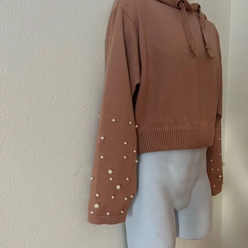 Zara knit pink pearl hoodie crop sweater S - Picture 2 of 5